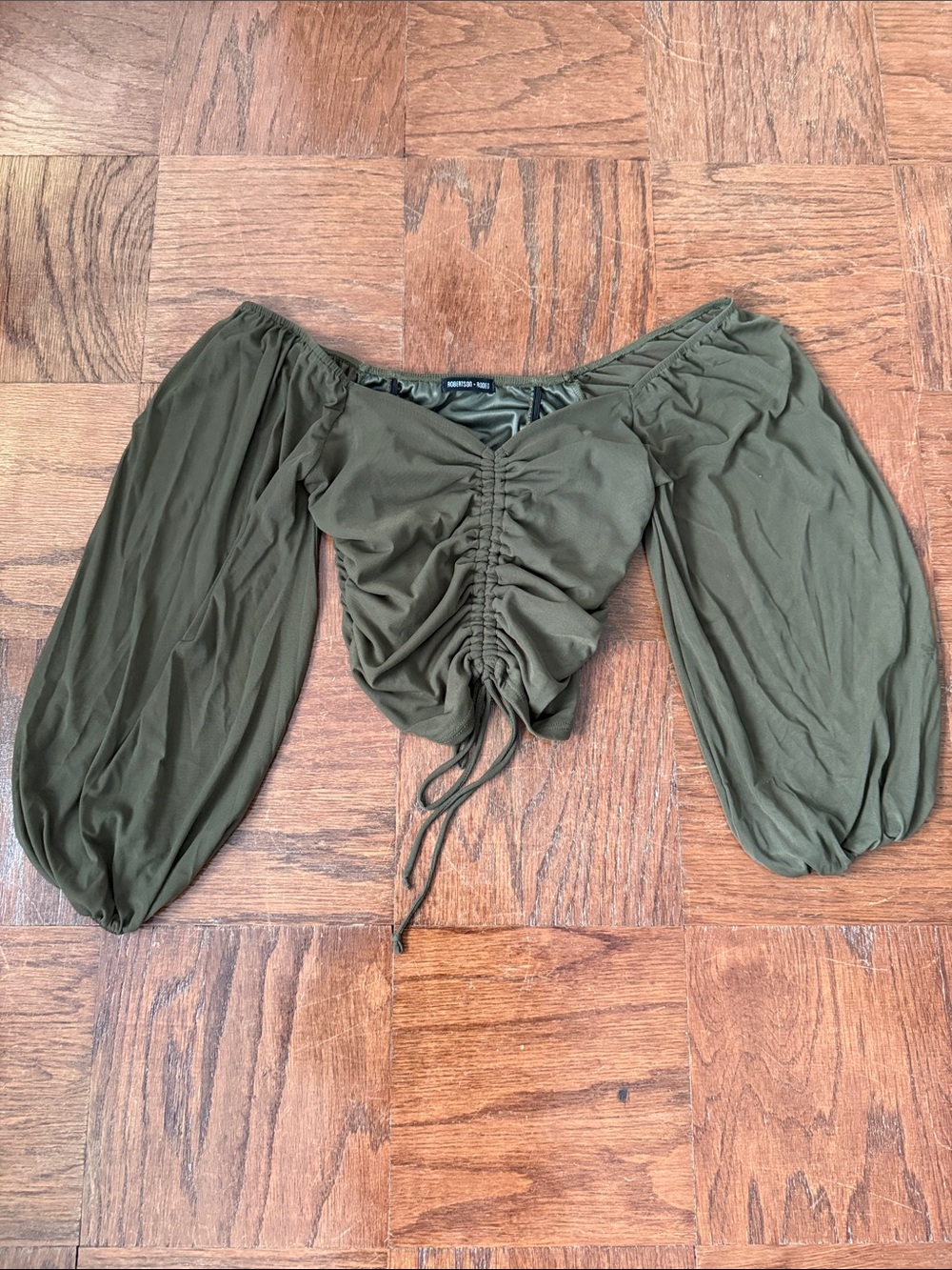 Ruched Off-Shoulder Crop Top in Olive Green